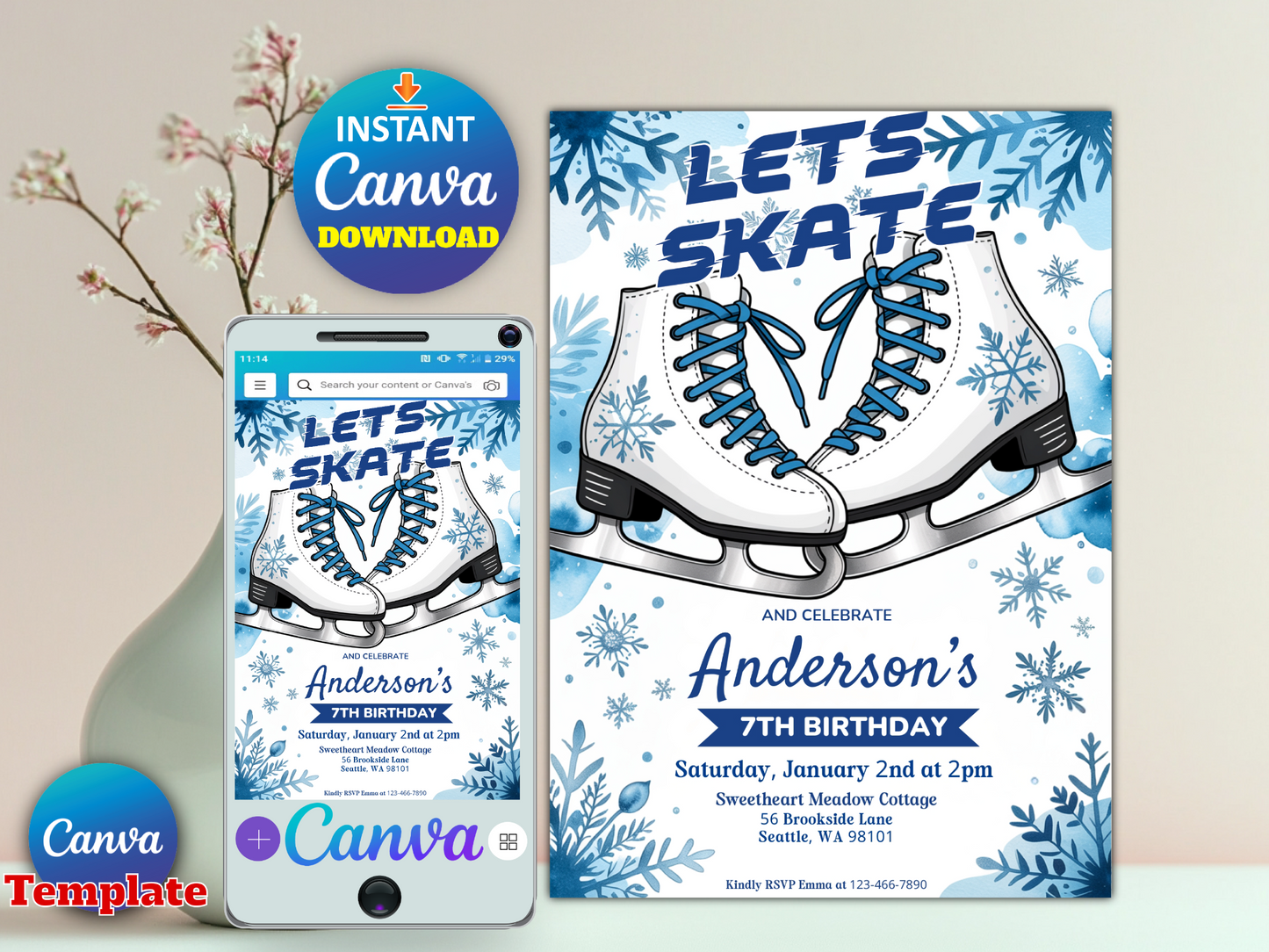 Ice Skating Birthday Party Invitation, Ice skating Invite, Winter Skate Party Invite Template, Snowflake Birthday, Editable Canva Template