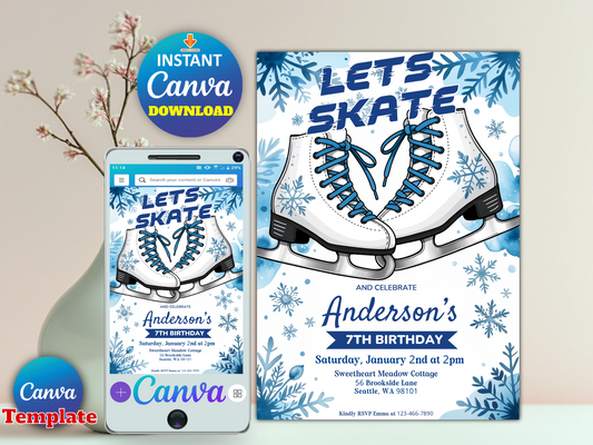 Ice Skating Birthday Party Invitation, Ice skating Invite, Winter Skate Party Invite Template, Snowflake Birthday, Editable Canva Template