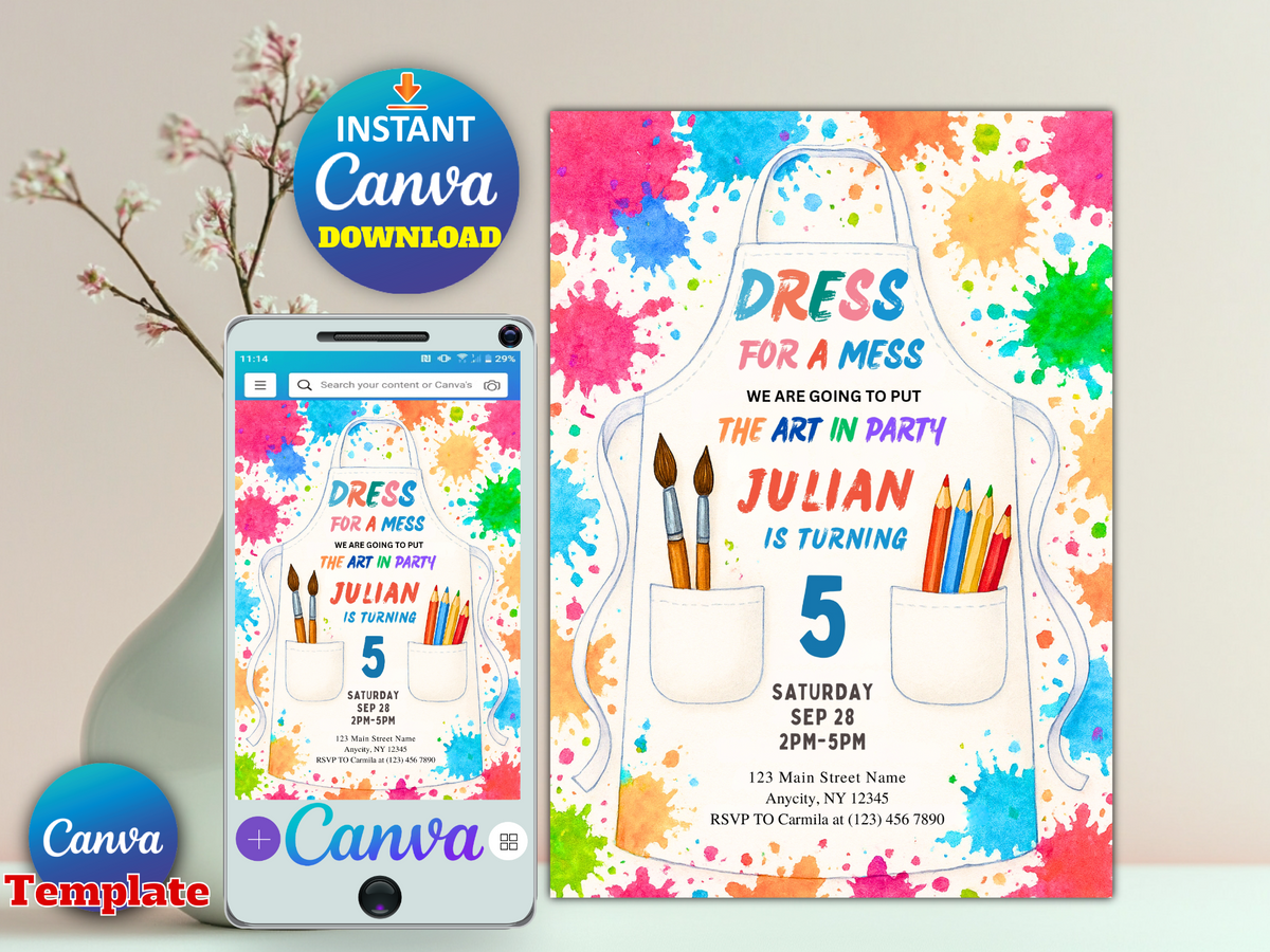 Art Birthday Party Invitation, Painting Party Invitation, Art Party Invite, Dress for a Mess, Art Themed Printable Editable Canva Template