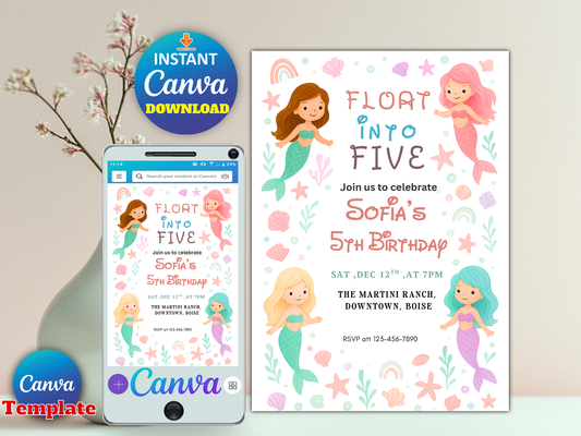 Editable Mermaid 5th Birthday Invitation Template – Float Into Five Girl Birthday Party Invite Canva