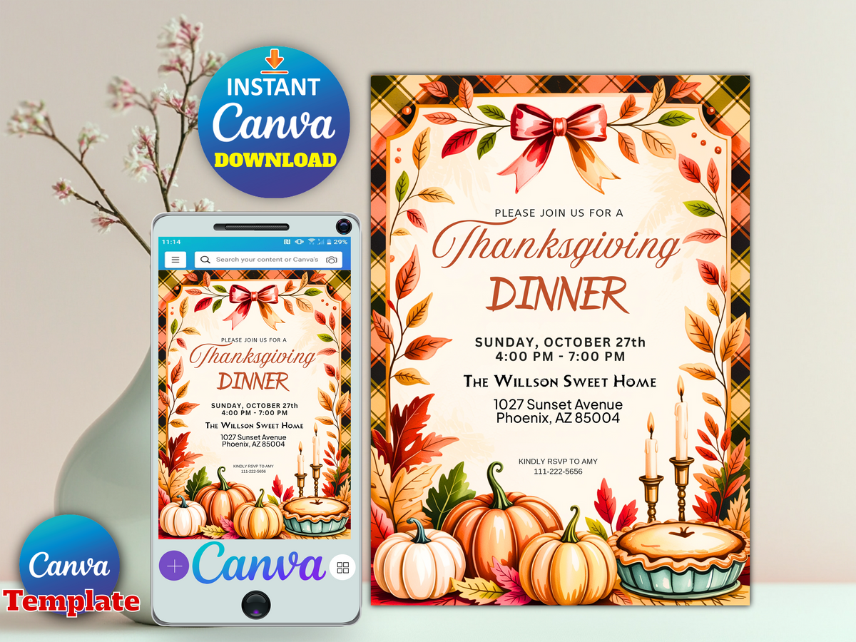 Thanksgiving Dinner Invitation: Friendsgiving Party Invite, Pumpkin Fall Theme (Editable Canva Template)