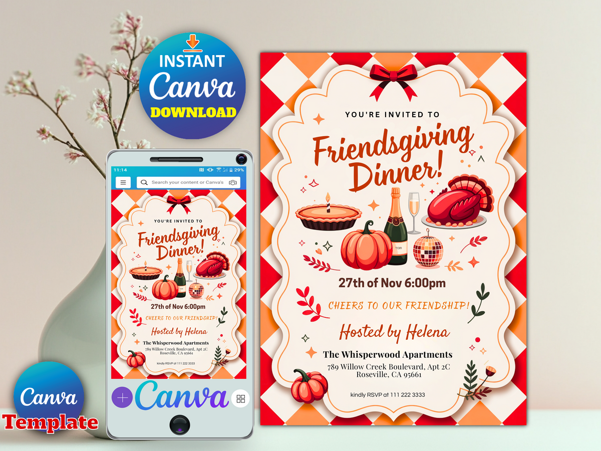 A digital Canva invitation template shown as a large printed card and a matching phone mockup on a light beige background with decorative branches. The design features a red-and-white checkered border, orange autumn illustrations including pumpkins, a turkey, a candle, and fall leaves, and text reading 'You're Invited to Friendsgiving Dinner!' plus event details and 'Hosted by Helena.