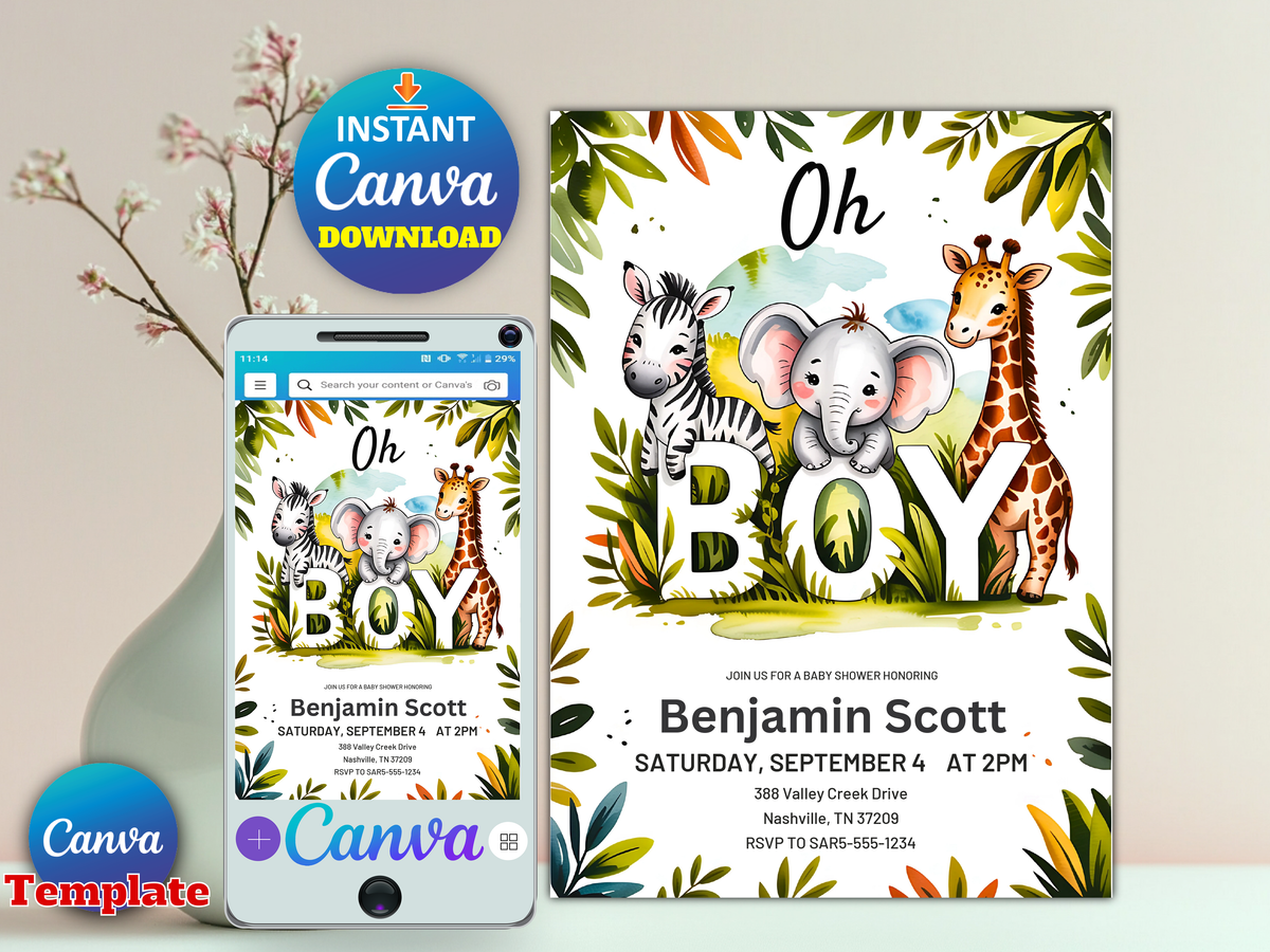 Safari Boy Baby Shower Invite, Jungle Safari Animals, Editable Template Digital Invitation