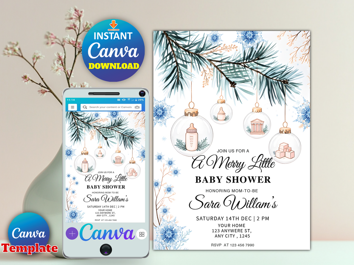 A Merry Little Baby Shower winter invitation Canva template printable digital download