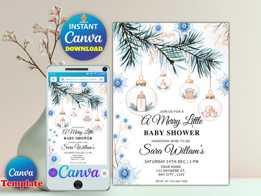 A Merry Little Baby Shower winter invitation Canva template printable digital download