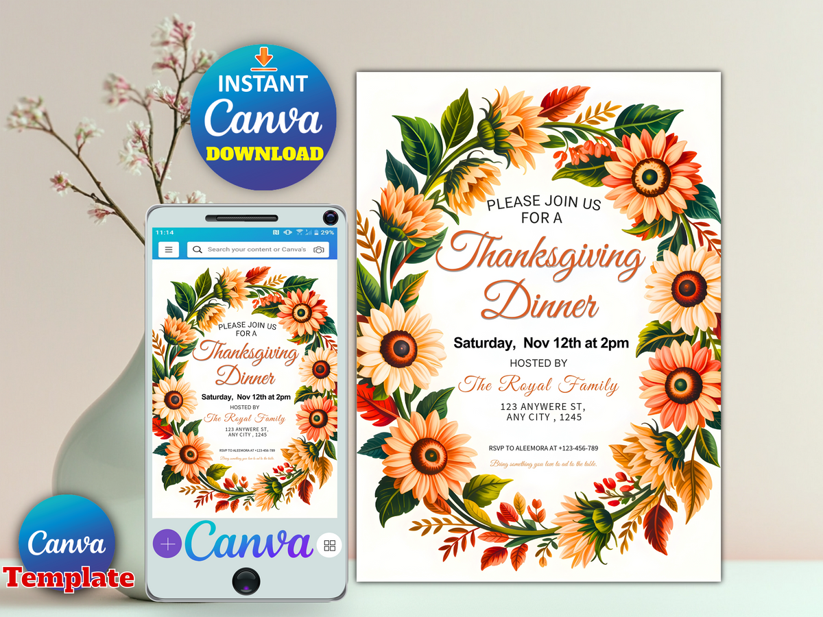 Sunflower wreath Thanksgiving dinner invitation Canva template printable digital download