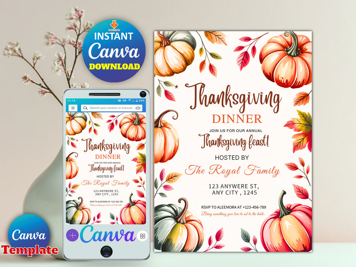 Watercolor Pumpkin Thanksgiving Dinner Invitation, Editable Canva