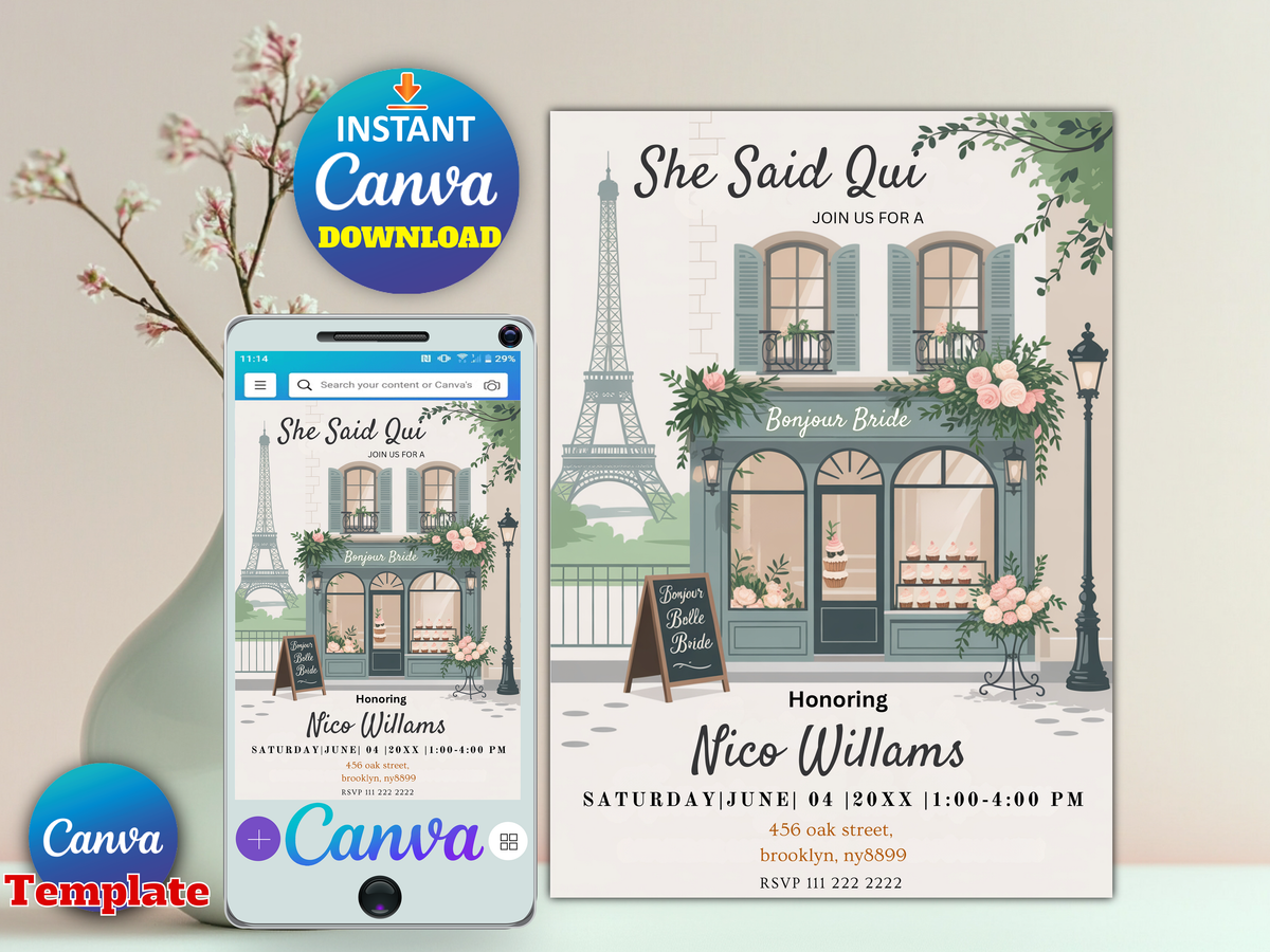 She Said Qui Paris bridal shower invitation Canva template printable digital download