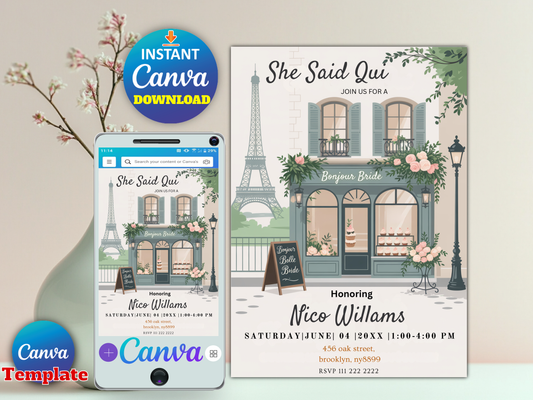 She Said Qui Paris bridal shower invitation Canva template printable digital download
