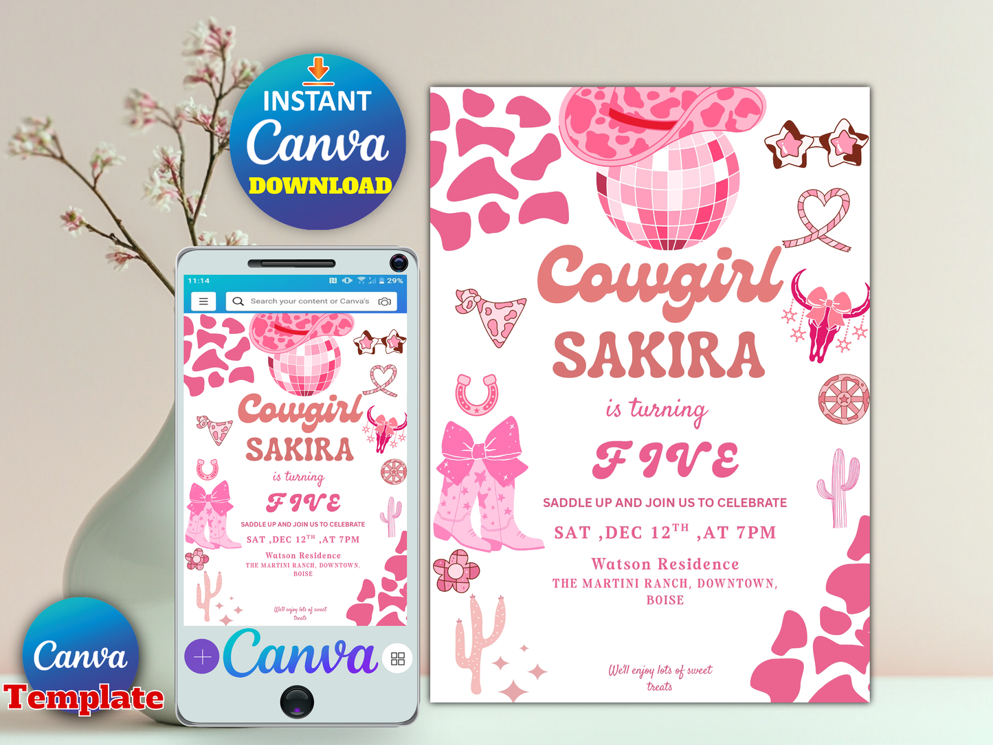 Disco cowgirl 5th birthday invitation Canva template printable digital download
