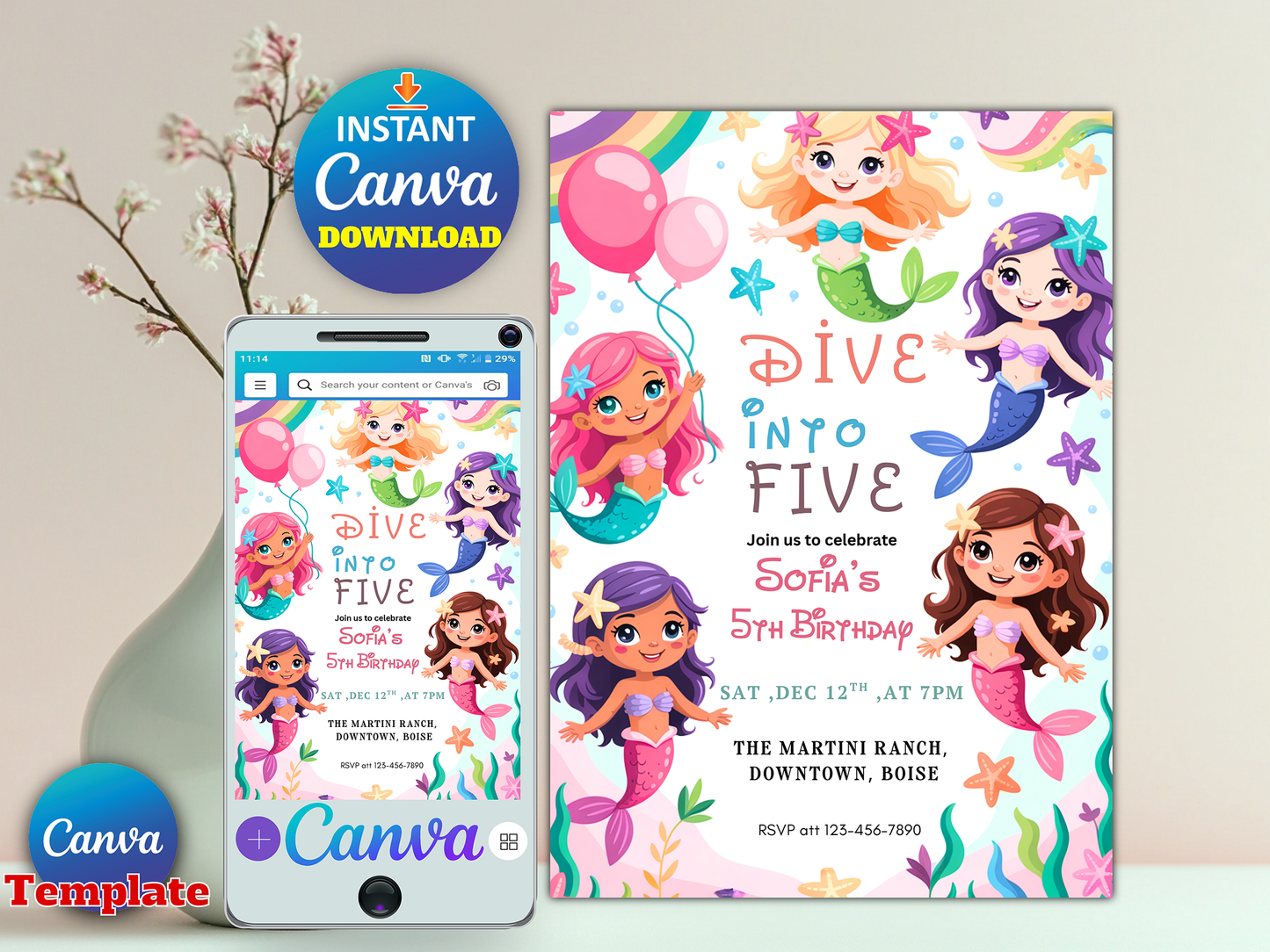 Editable Mermaid Dive Into Five Birthday Party Invitation Cute Whimsical Girly Mermaid Under The Sea Mermaid Birthday Instant Download
