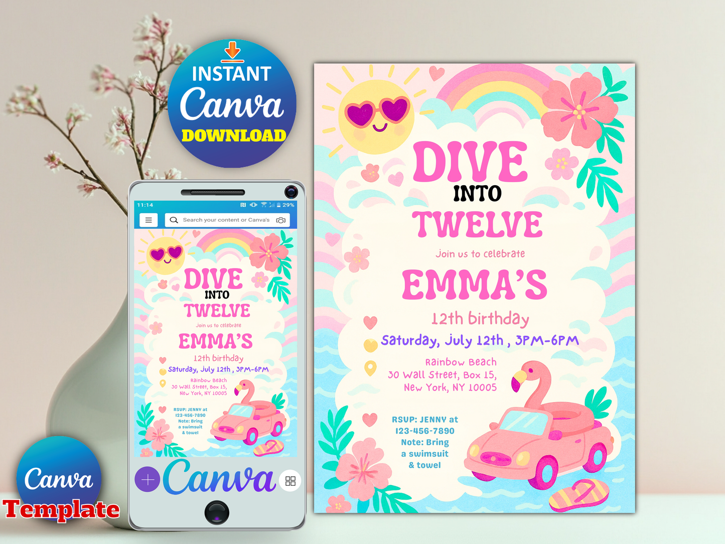 A digital Canva invitation template shown on a phone mockup and as a larger card preview, with floral and rainbow graphics and text reading 'Dive into Twelve Emma's Birthday.'.