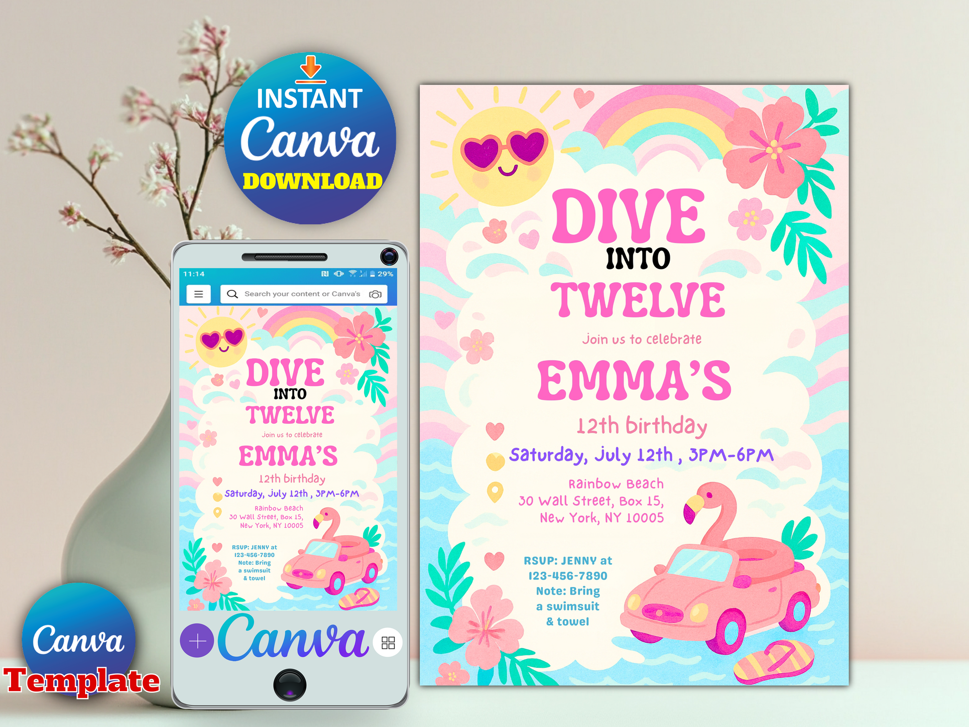 A digital Canva invitation template shown on a phone mockup and as a larger card preview, with floral and rainbow graphics and text reading 'Dive into Twelve Emma's Birthday.'.
