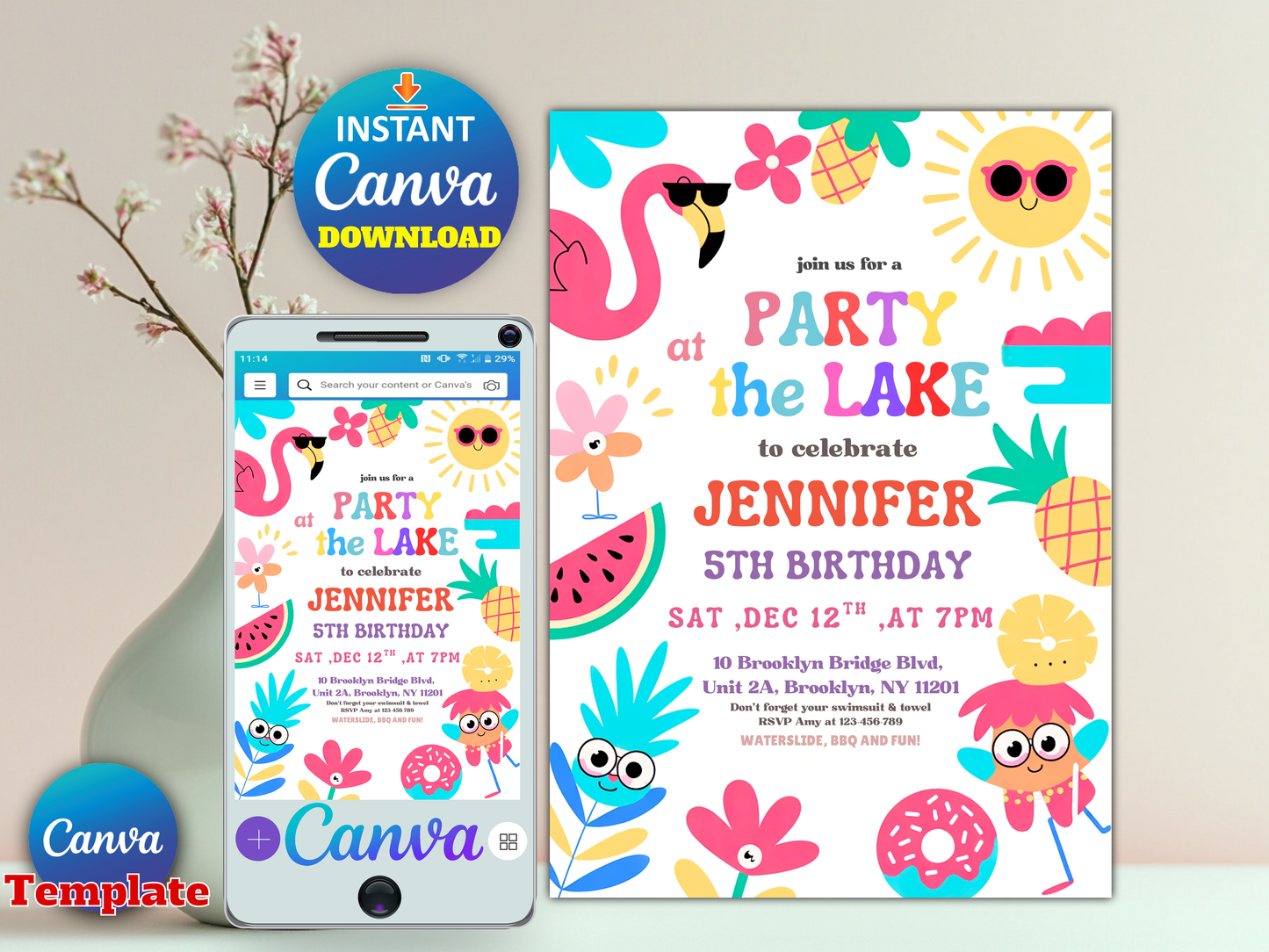 A colorful party invitation template shown as a large card and a matching mobile phone screen mockup, with Canva branding and an 'Instant Canva Download' badge. The design features tropical summer illustrations including flamingos, pineapples, watermelons, suns, and beach text on a white background.