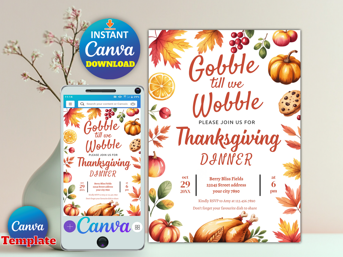 EDITABLE Gobble Till We Wobble Thanksgiving Invitation Template, Friendsgiving Thanksgiving Dinner Invite friends, Instant Download