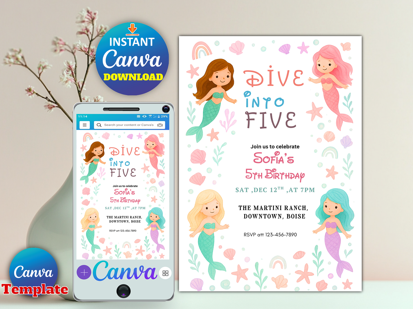 Editable Mermaid Float Into Five Birthday Party Invitation Cute Whimsical Girly Mermaid Under The Sea Mermaid Birthday Instant Download