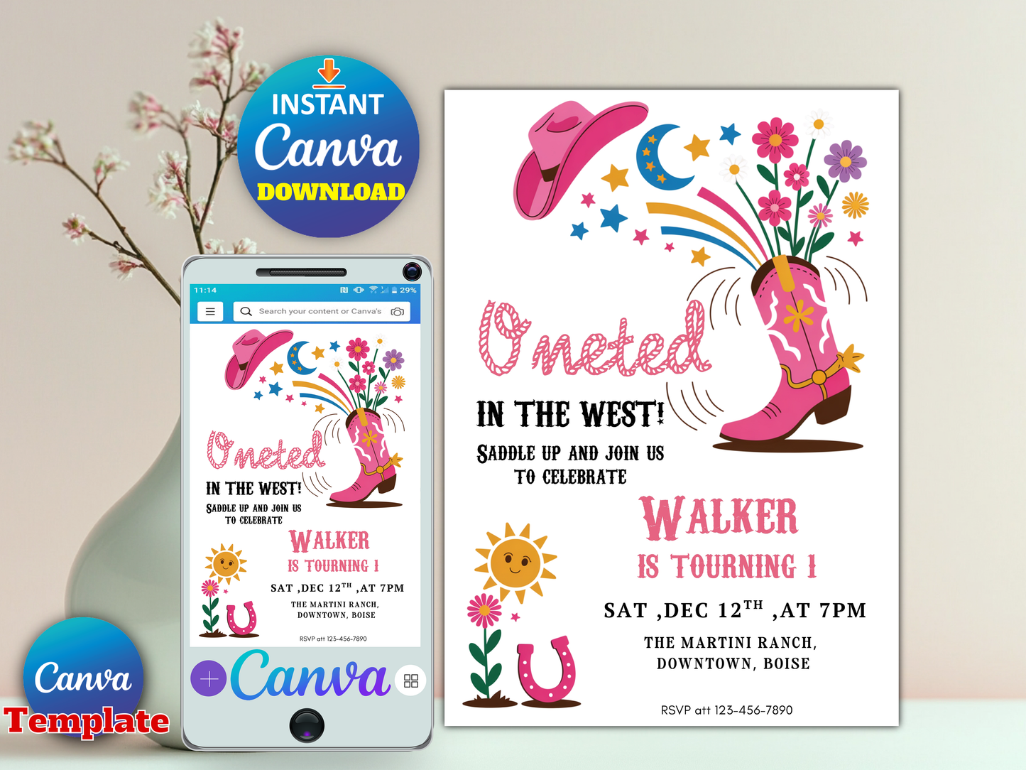 Oneted in the West Birthday Invitation Editable Template, Western Cowgirl First Birthday Invite, Pink Cowboy Boot, Canva Template