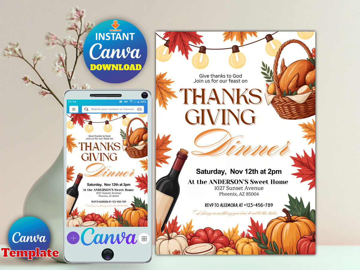 Thanksgiving dinner invitation Canva template printable digital download