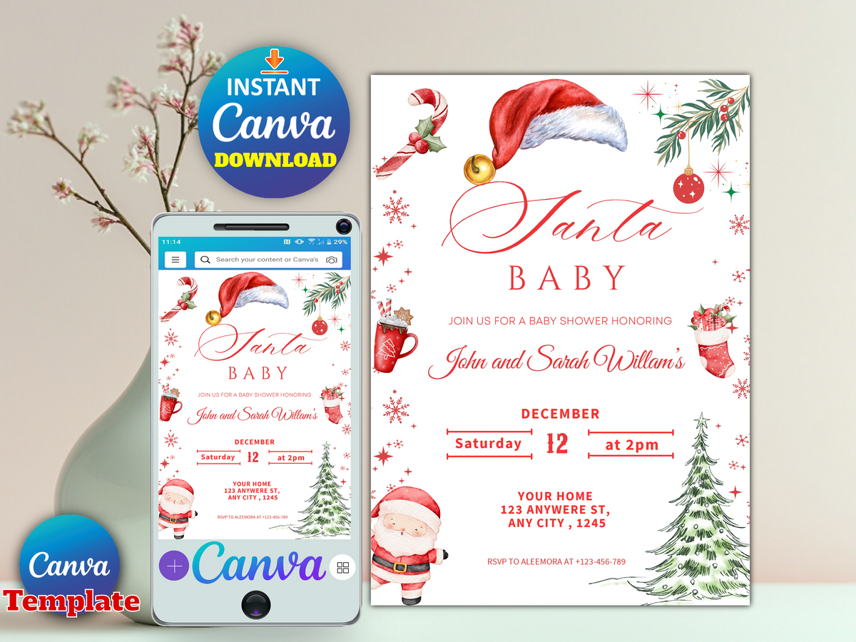 Santa Baby Christmas Shower Invitation, Editable Canva Template