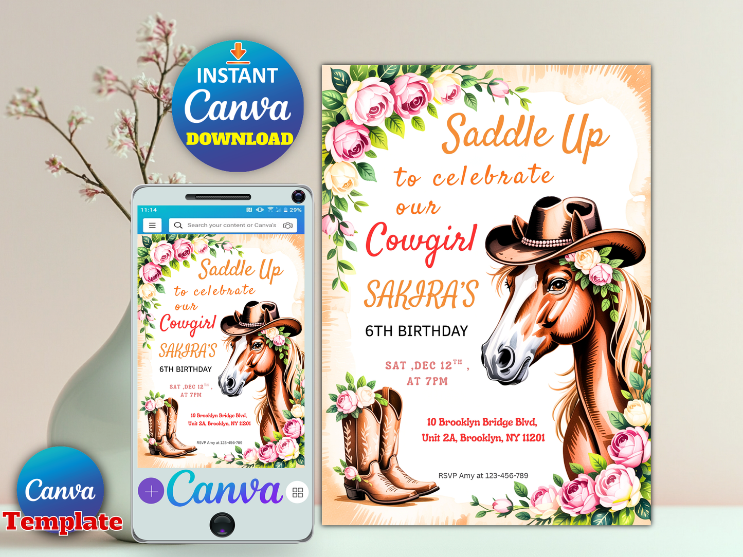 Saddle Up Cowgirl Birthday Invitation Editable Template, Horse Western 6th Birthday Invite, Floral Boots, Canva Template