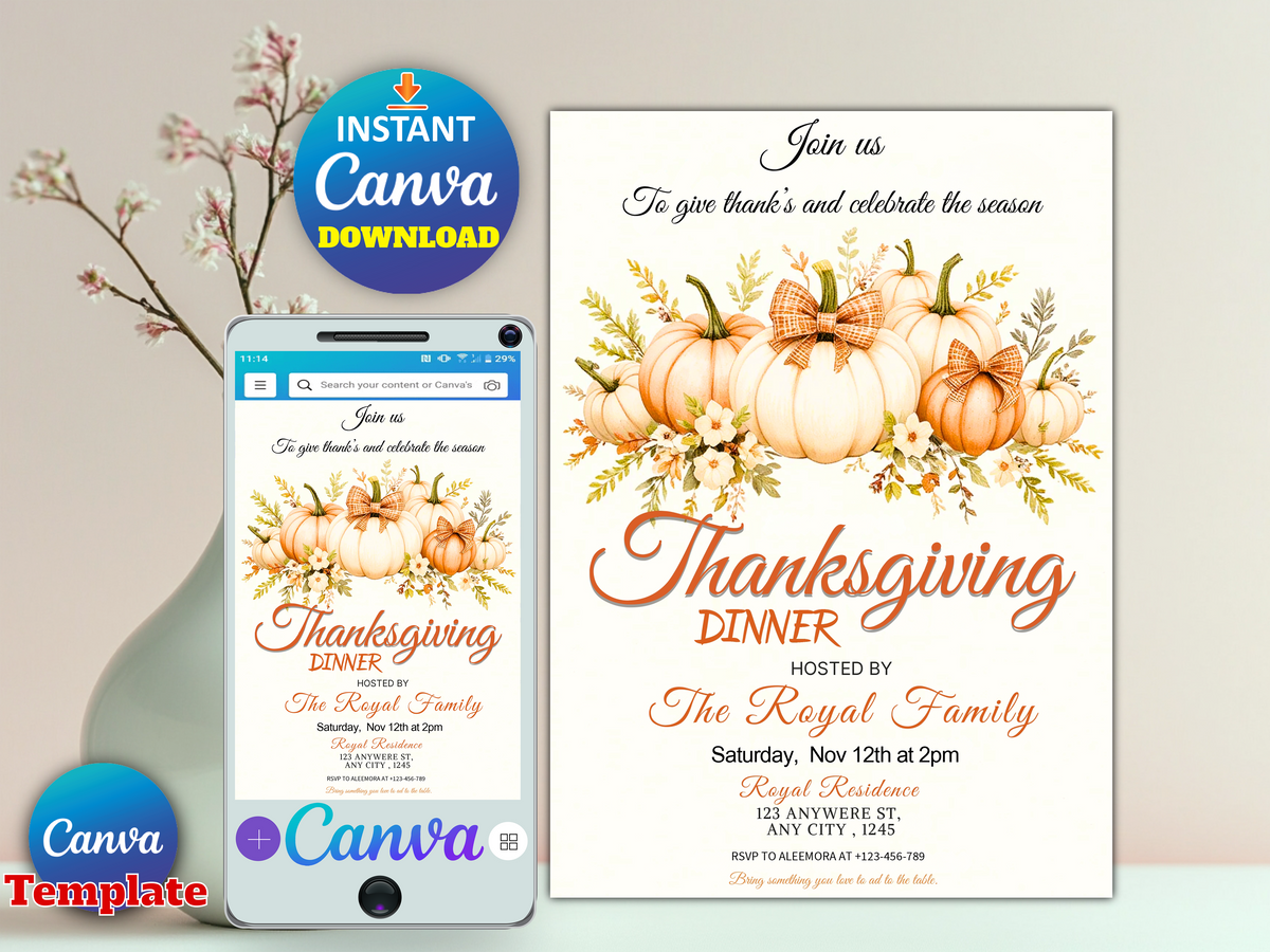 Farmhouse Neutral Pumpkin Thanksgiving Dinner Invitation, Editable