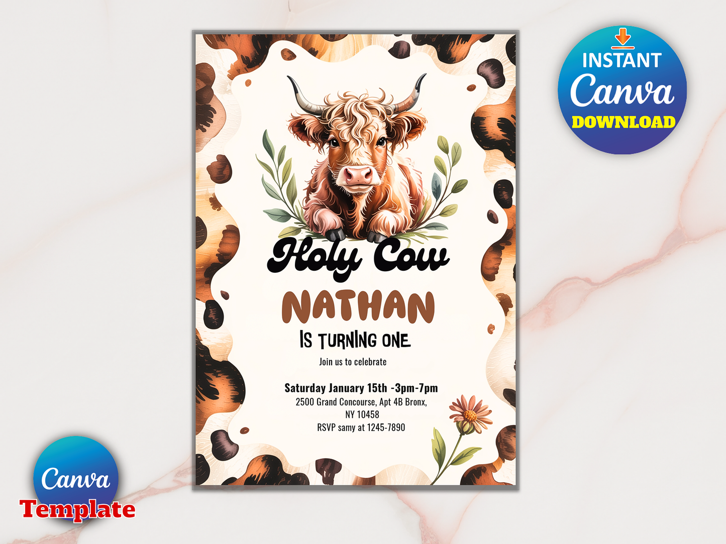 Editable Holy Cow I'm One Birthday Party Invitation Highland Cow Birthday Boy Ranch Farm Cow 1st Birthday Party Instant Download Editable 3Z