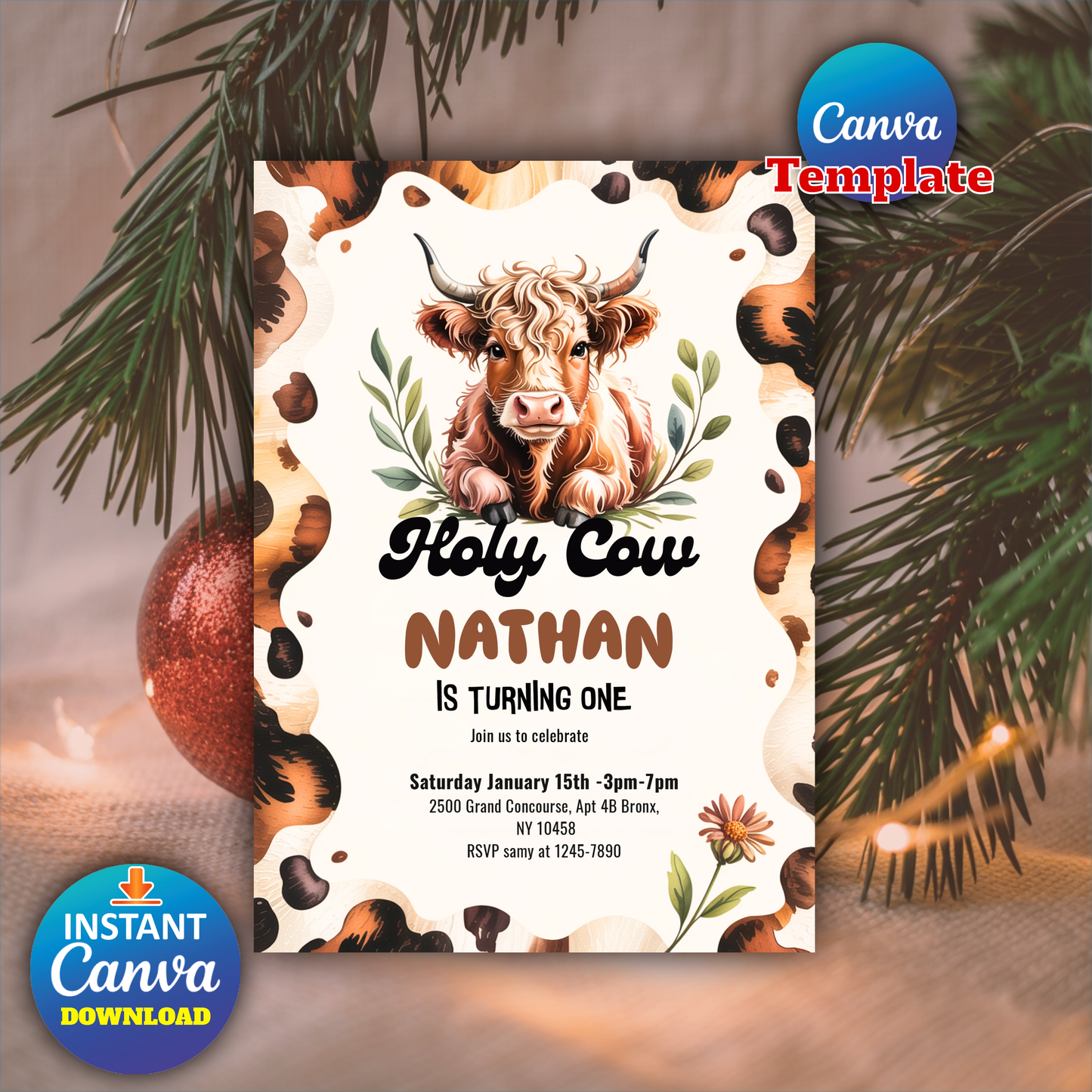 Editable Holy Cow I'm One Birthday Party Invitation Highland Cow Birthday Boy Ranch Farm Cow 1st Birthday Party Instant Download Editable 3Z