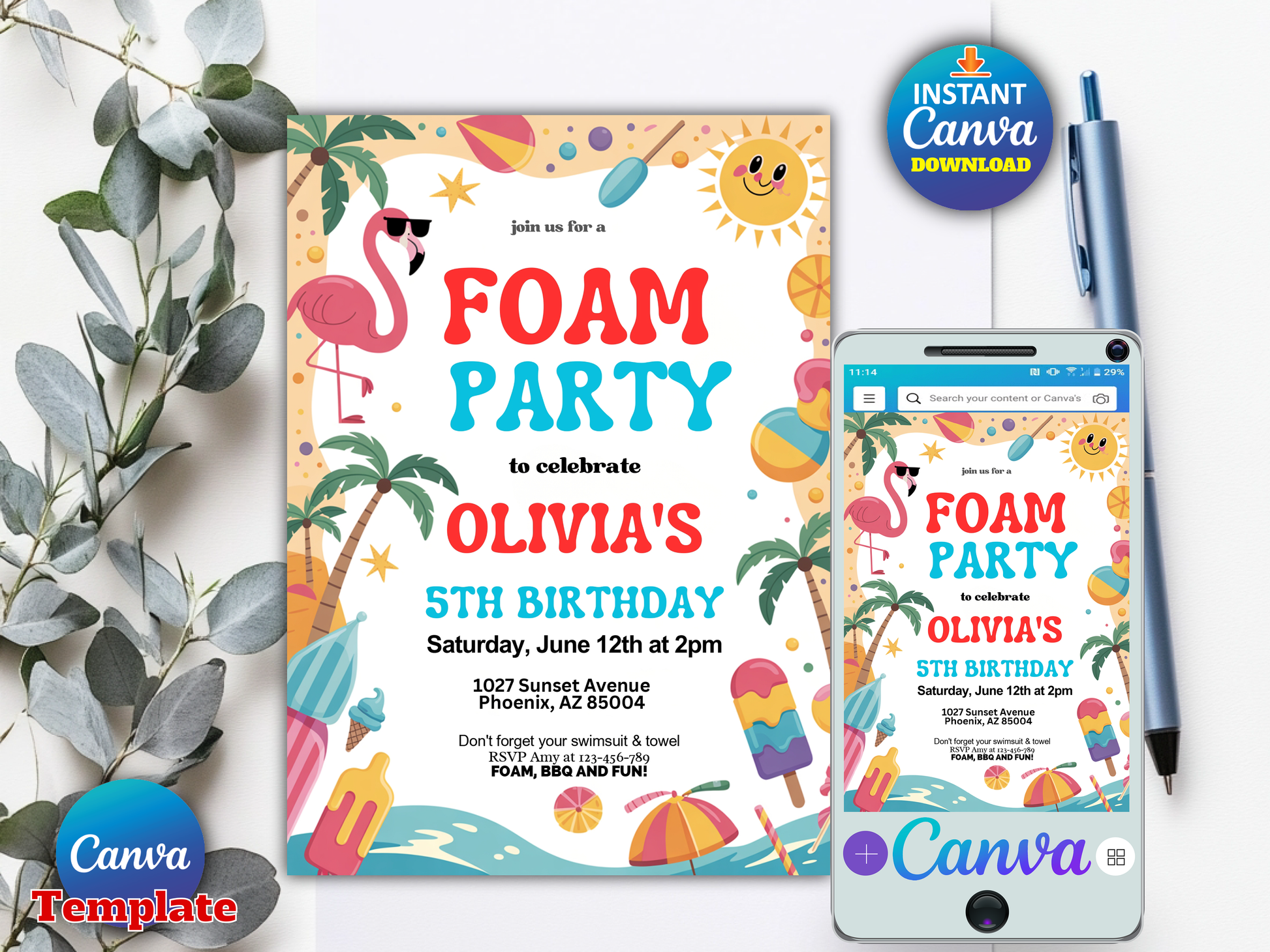 A colorful foam party invitation template displayed on a card and a smartphone screen, with a Canva logo badge, an 'Instant Canva Download' badge, a pen, and eucalyptus leaves on a white background.