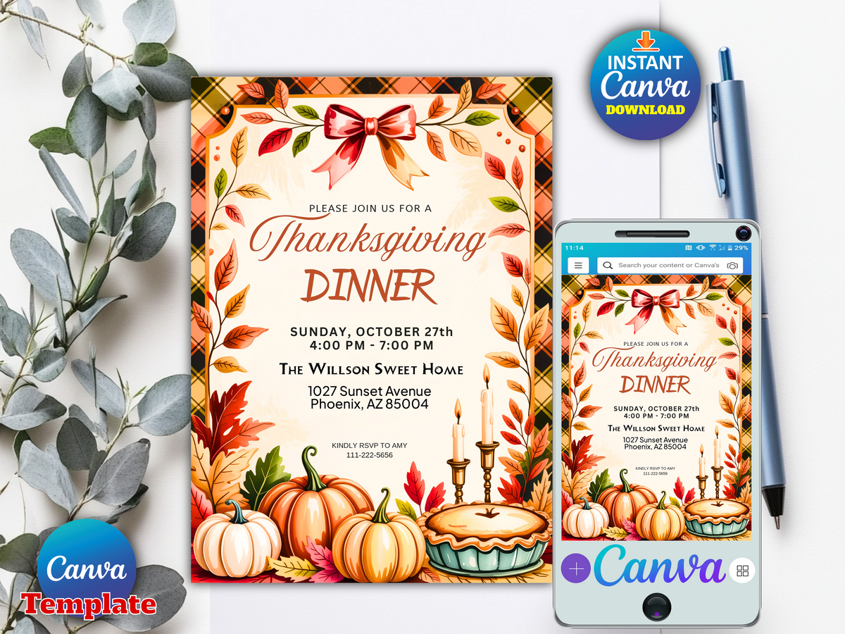 Elegant rustic Thanksgiving dinner invitation Canva template printable digital download