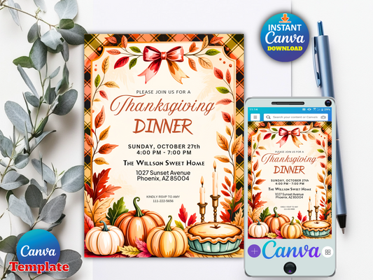 Elegant rustic Thanksgiving dinner invitation Canva template printable digital download