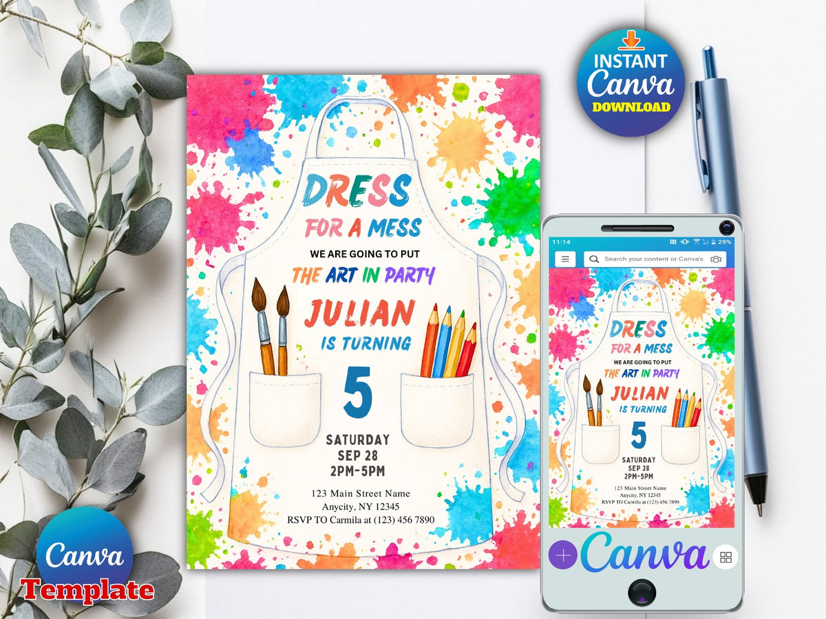 Art Birthday Party Invitation, Painting Party Invitation, Art Party Invite, Dress for a Mess, Art Themed Printable Editable Canva Template