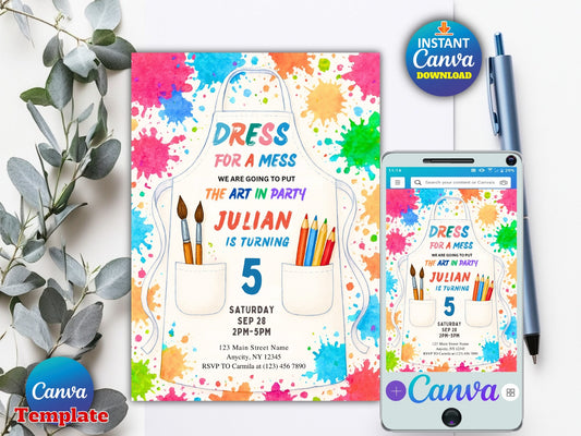 Art Birthday Party Invitation, Painting Party Invitation, Art Party Invite, Dress for a Mess, Art Themed Printable Editable Canva Template