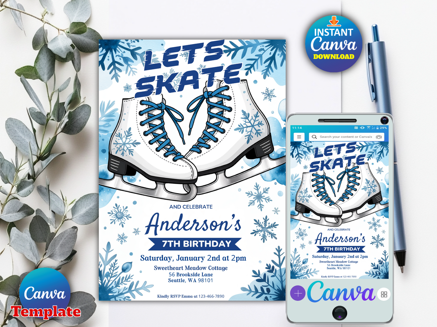 Ice Skating Birthday Party Invitation, Ice skating Invite, Winter Skate Party Invite Template, Snowflake Birthday, Editable Canva Template