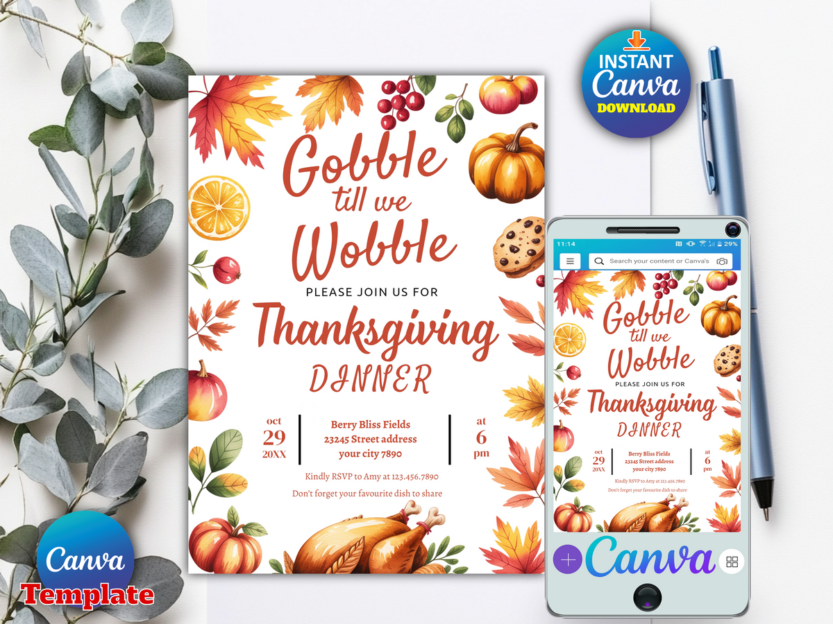 EDITABLE Gobble Till We Wobble Thanksgiving Invitation Template, Friendsgiving Thanksgiving Dinner Invite friends, Instant Download