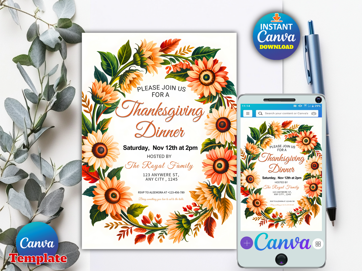 Thanksgiving Dinner Invitation Template, Editable Let's Give Thanks Invitation, Friendsgiving Invite Printable, Editable Canva Template
