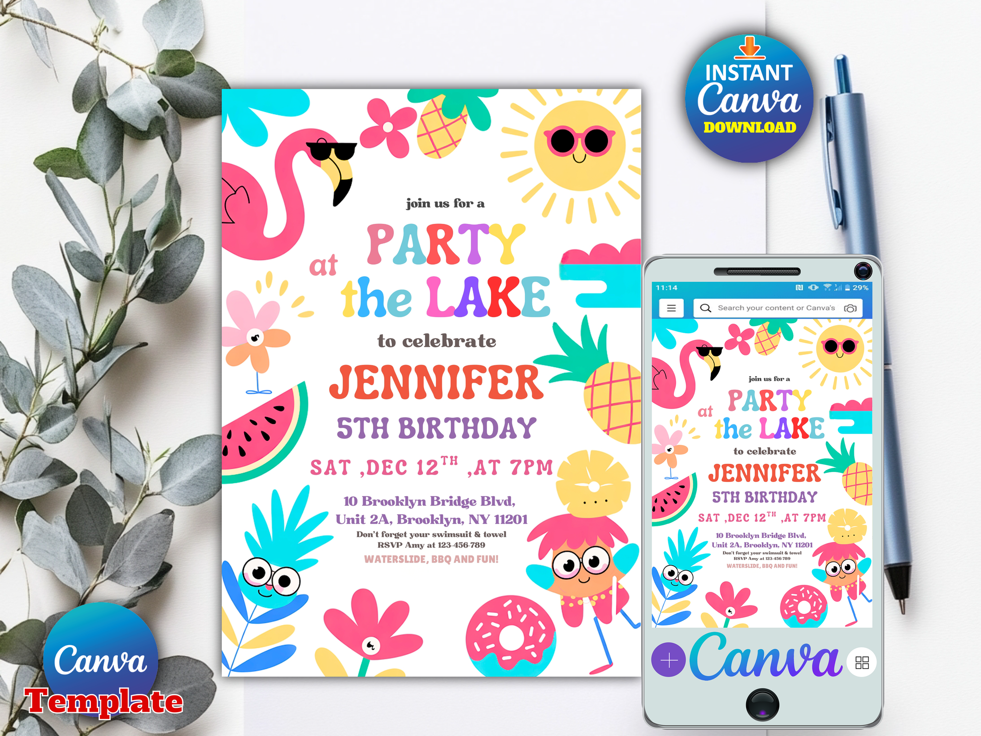 A colorful party invitation template displayed on a white card with a phone mockup below it, surrounded by decorative leaves, a pen, and Canva badges. The design features playful summer-themed illustrations including flamingos, suns, pineapples, watermelons, and flowers with customizable text for a child's birthday.