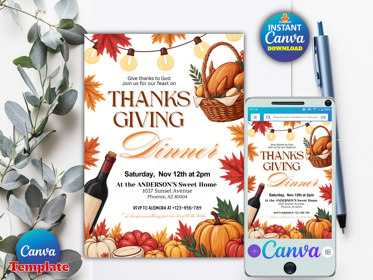 Thanksgiving dinner invitation Canva mobile template printable digital download