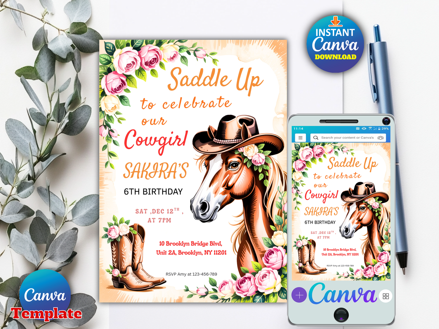 Saddle Up Cowgirl Birthday Invitation Editable Template, Horse Western 6th Birthday Invite, Floral Boots, Canva Template