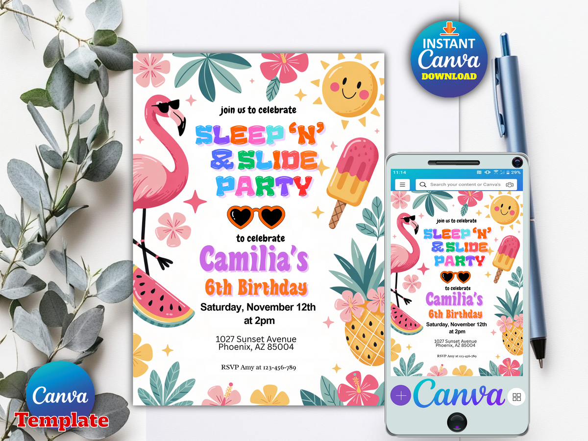 Sleep N Slide Party sixth birthday invitaSleep N Slide Party sixth birthday invitation Canva template printable digital downloadion Canva template printable digital download