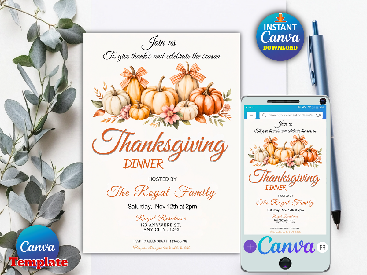 Farmhouse Neutral Pumpkin Thanksgiving Dinner Invitation, Editable