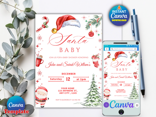 Santa Baby Christmas baby shower invitation Canva template printable digital download