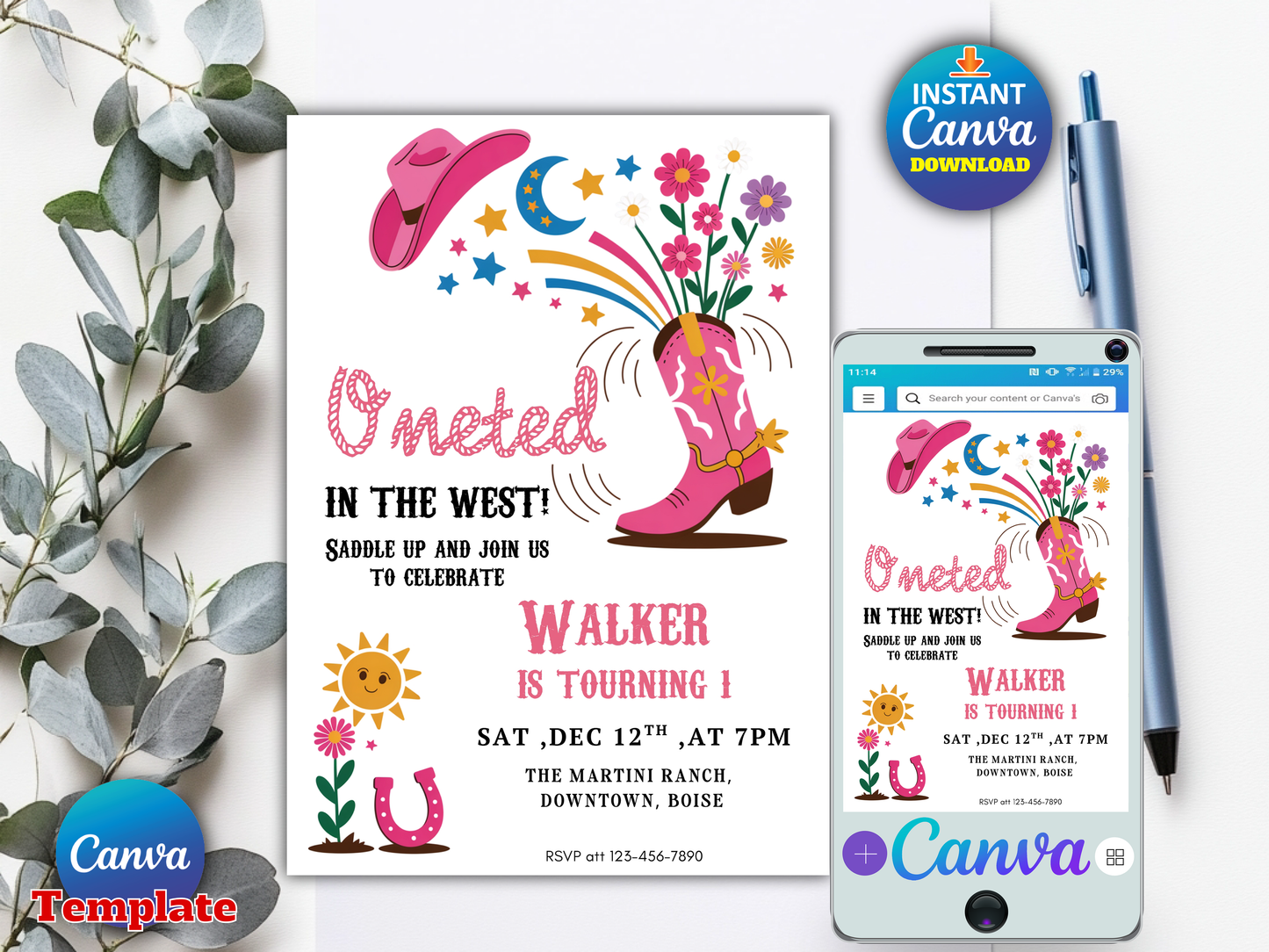 Oneted in the West Birthday Invitation Editable Template, Western Cowgirl First Birthday Invite, Pink Cowboy Boot, Canva Template