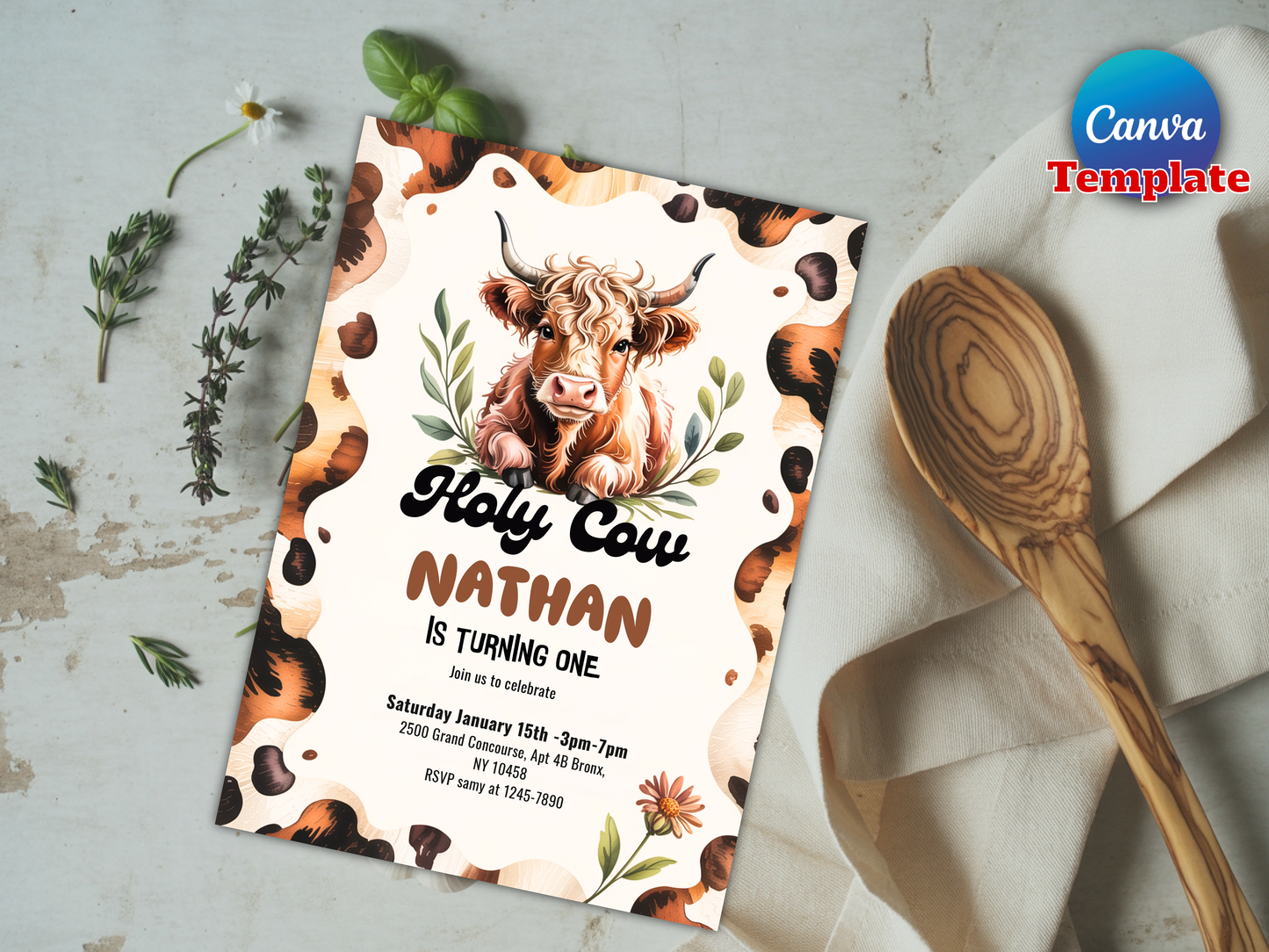 Editable Holy Cow I'm One Birthday Party Invitation Highland Cow Birthday Boy Ranch Farm Cow 1st Birthday Party Instant Download Editable 3Z