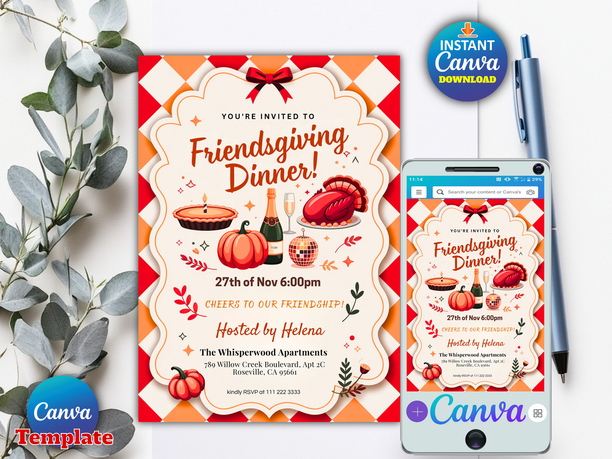 A festive Canva friendsgiving dinner invitation template shown as a printed card and a phone screen mockup, with decorative leaves, pens, and an 'Instant Canva Download' badge on a white background.