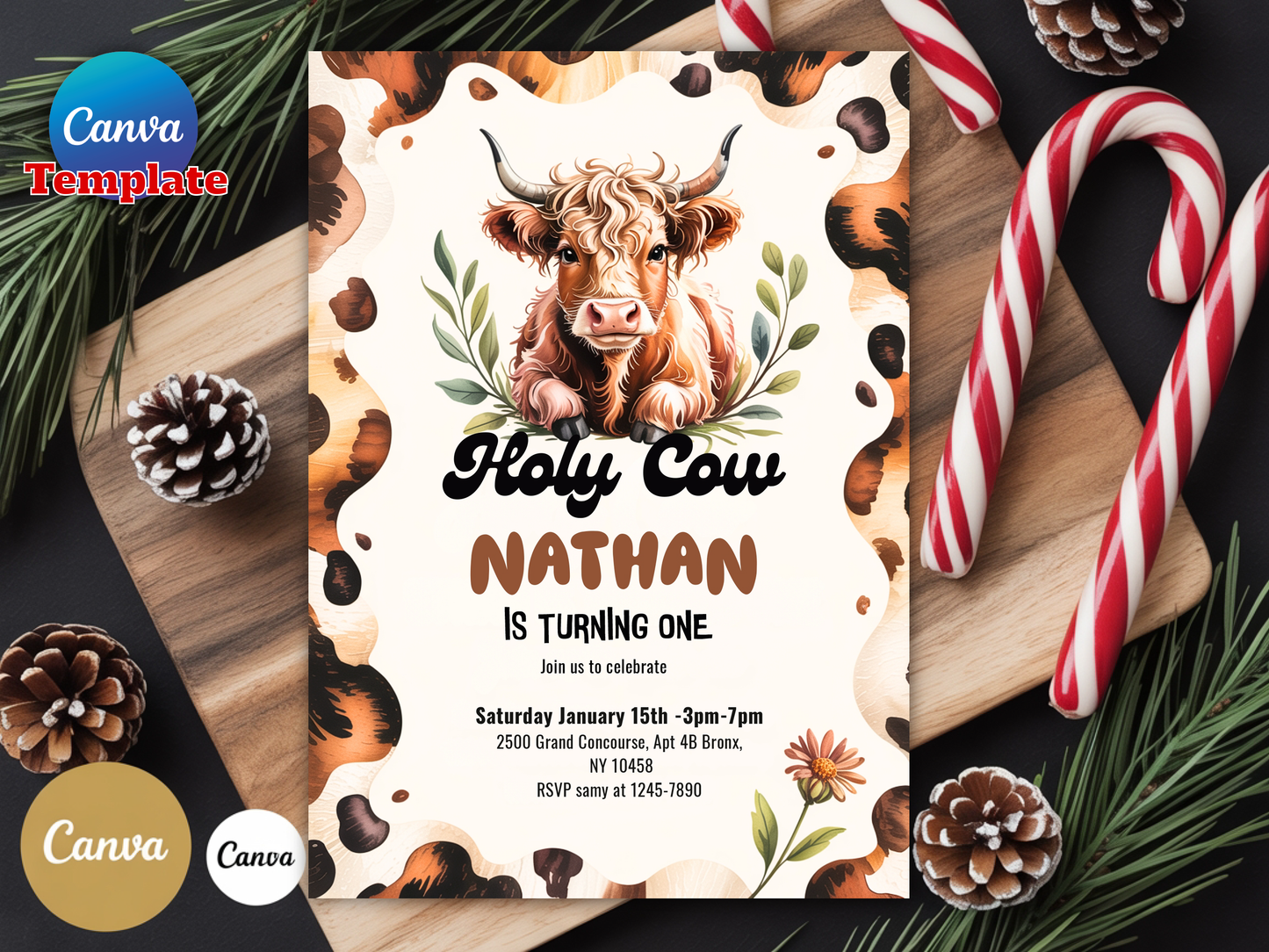 Editable Holy Cow I'm One Birthday Party Invitation Highland Cow Birthday Boy Ranch Farm Cow 1st Birthday Party Instant Download Editable 3Z