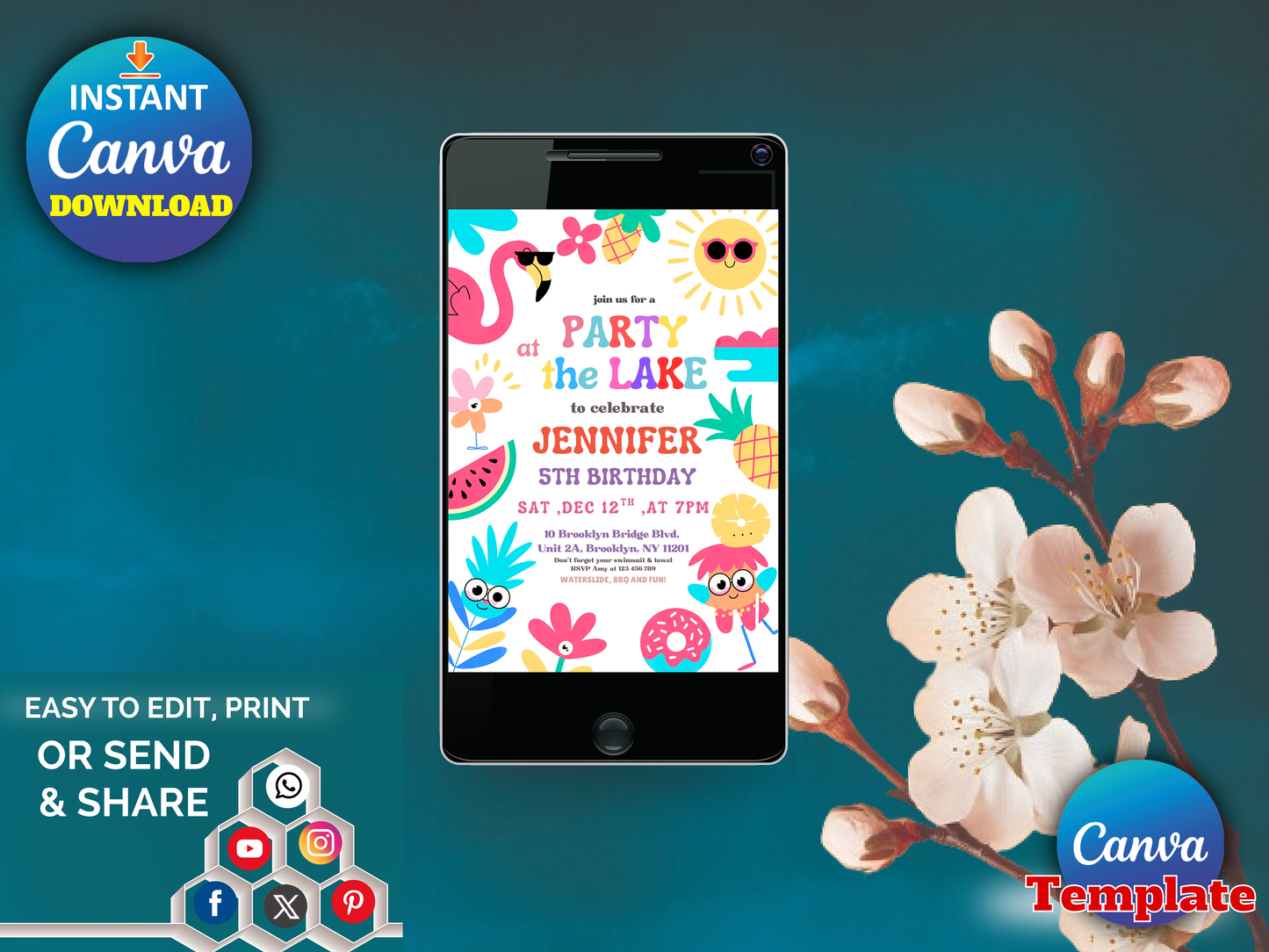A digital Canva party invitation template displayed on a smartphone screen, surrounded by decorative floral branches and promotional badges reading 'Instant Canva Download' and 'Canva Template.' The invitation artwork is colorful and cartoon-style, featuring flamingos, pineapples, sunglasses, and tropical motifs on a teal background.