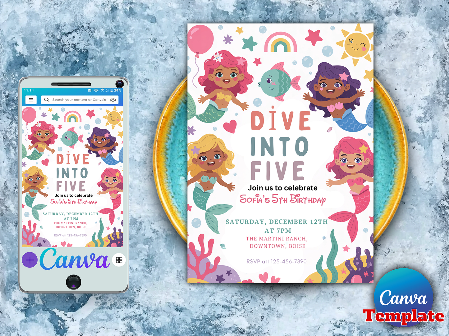 Editable Mermaid Dive Into Five Birthday Party Invitation Cute Whimsical Girly Mermaid Under The Sea Mermaid Birthday Instant Download
