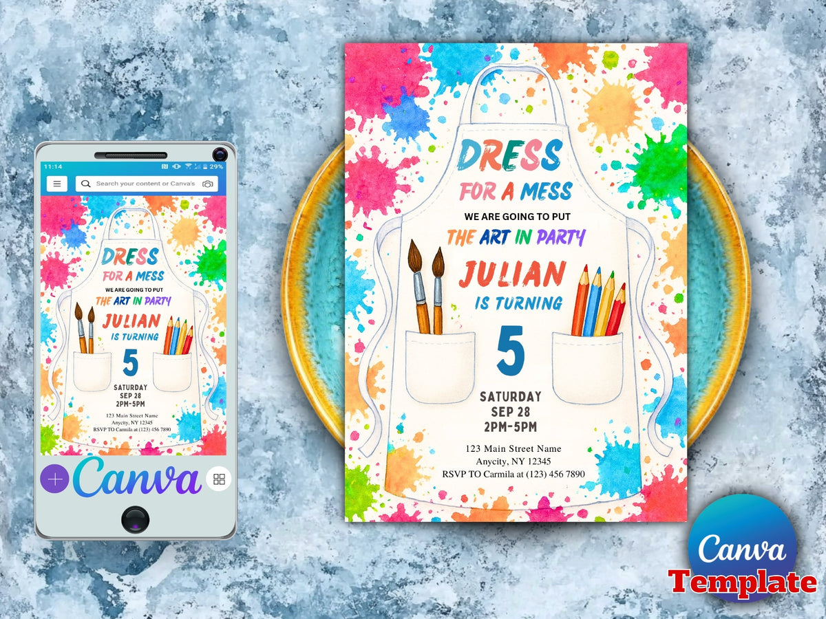 Art Birthday Party Invitation, Painting Party Invitation, Art Party Invite, Dress for a Mess, Art Themed Printable Editable Canva Template
