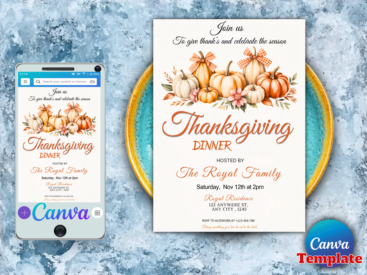 Farmhouse Neutral Pumpkin Thanksgiving Dinner Invitation, Editable