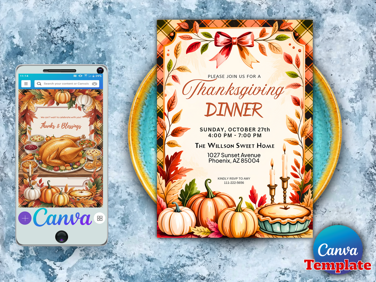 Thanksgiving Dinner Invitation: Friendsgiving Party Invite, Pumpkin Fall Theme (Editable Canva Template)